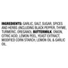 The image shows the ingredient list for a food product, including garlic, salt, sugar, spices, herbs, buttermilk, onion, citric acid, lemon peel, yeast extract, modified corn starch, lemon oil, and garlic oil.