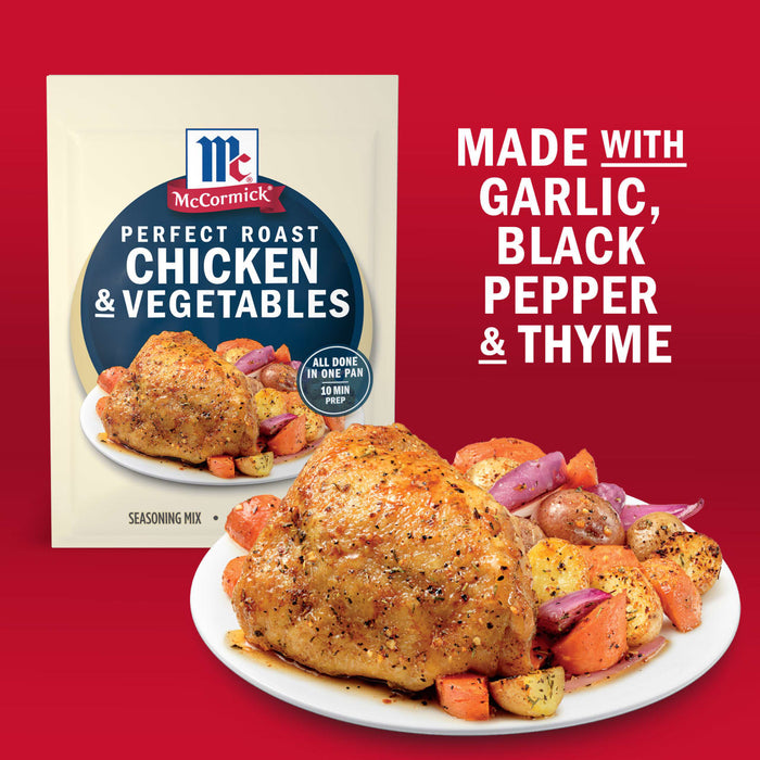 McCormick Perfect Roast Chicken &amp; Vegetables seasoning mix is shown with a prepared chicken and vegetable dish, highlighting that it's made with garlic, black pepper, and thyme.