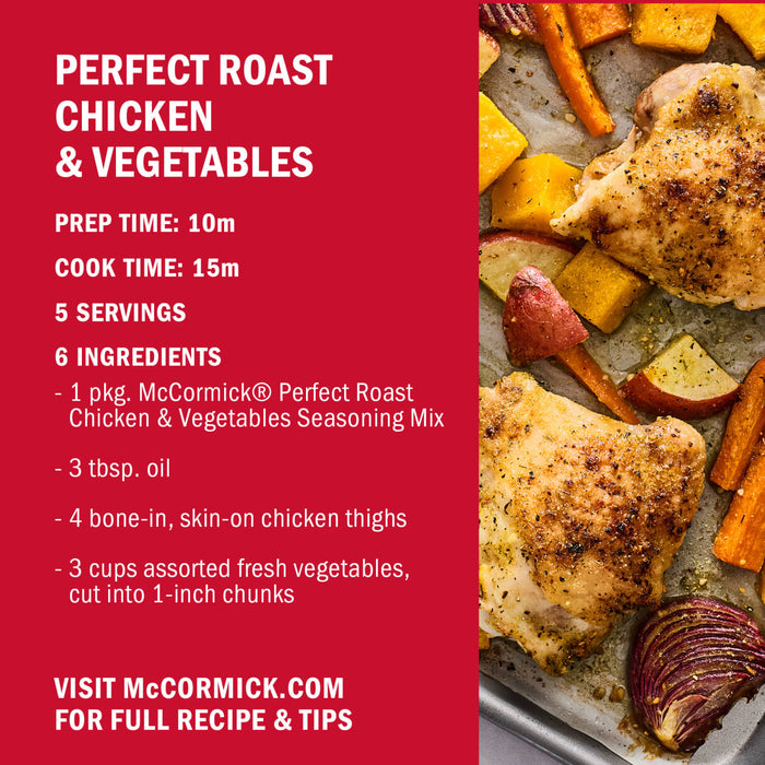 McCormick's Perfect Roast Chicken and Vegetables recipe is shown with the prep time, cook time, servings, and ingredients listed.