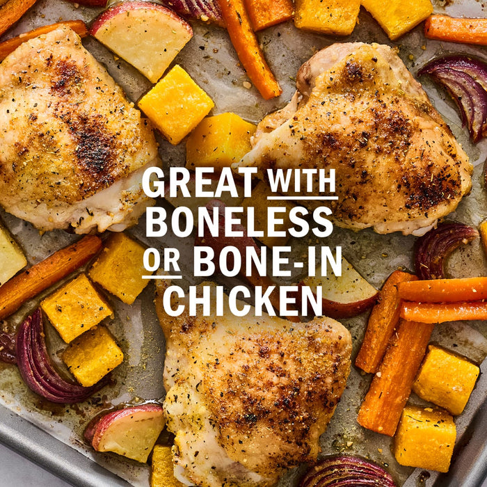 A sheet pan meal featuring roasted chicken thighs, carrots, butternut squash, and red onion, with text overlay stating Great with boneless or bone-in chicken.