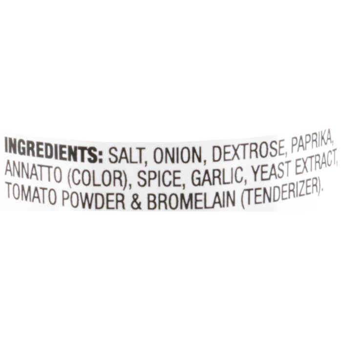 The image shows the ingredient list for a product including salt onion dextrose paprika annatto spice garlic yeast extract tomato powder and bromelain.