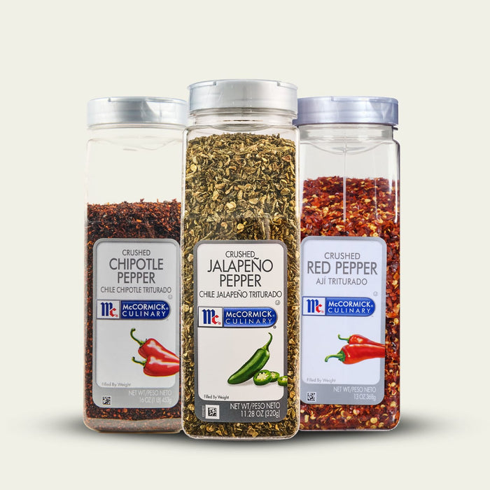 Three containers of McCormick brand chili peppers, including chipotle, jalapeño, and red pepper flakes, are displayed.