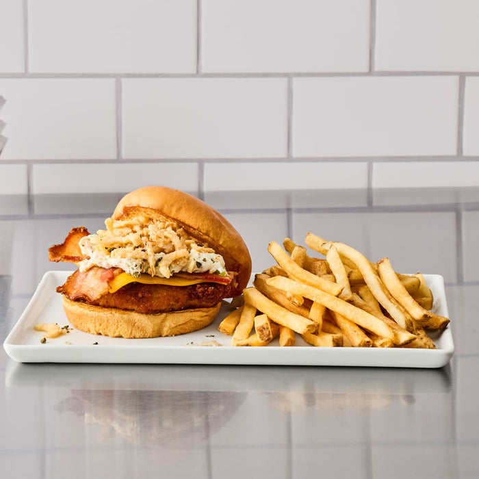 A delicious chicken sandwich with crispy fries on a white plate.