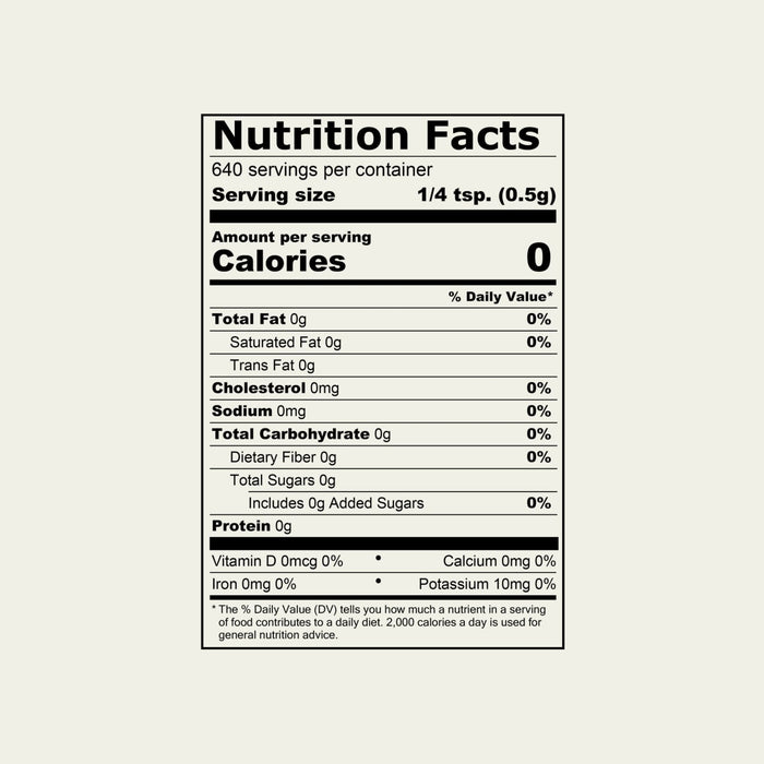 Nutrition facts label showing zero calories per serving.