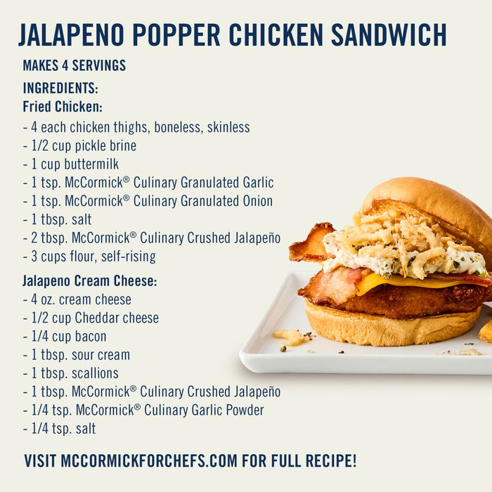 A Jalapeno Popper Chicken Sandwich recipe featuring McCormick Culinary spices is shown.