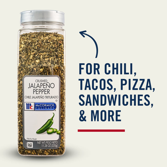 A bottle of McCormick Crushed Jalapeno Pepper is shown with text indicating it can be used for chili, tacos, pizza, sandwiches, and more.