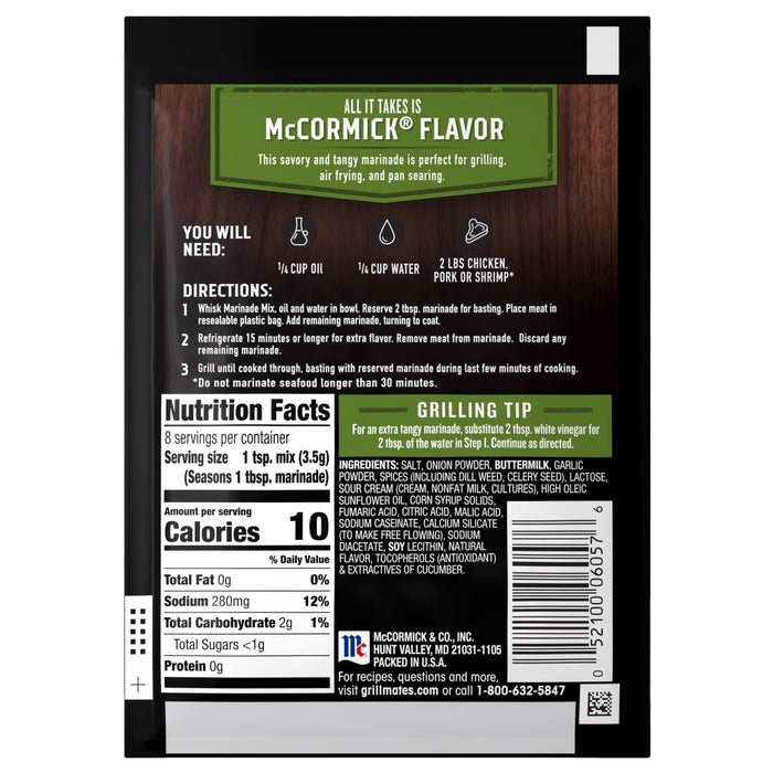 The back of a package of Mccormick Grill Mates Buttermilk Dill Pickle, 1 Oz, displaying the nutrition facts, ingredients, and preparation directions for the marinade mix.