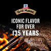 A promotional graphic for Mccormick Grill Mates Buttermilk Dill Pickle Seasoning Mix, 1.0 Oz featuring the brand logo and a steak grilling over an open flame with text stating iconic flavor for over 135 years.