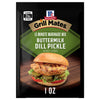 A 1.0 oz packet of Mccormick Grill Mates Buttermilk Dill Pickle Seasoning Mix featuring a grilled chicken sandwich with pickles and tomatoes on a wooden surface.