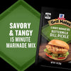 A promotional graphic features a packet of Mccormick Grill Mates Buttermilk Dill Pickle Seasoning Mix, 1.0 Oz alongside a green diamond highlighting its savory and tangy flavor profile.