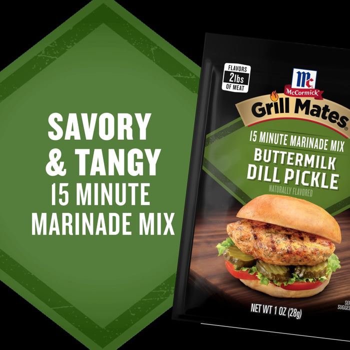 A promotional graphic features a packet of Mccormick Grill Mates Buttermilk Dill Pickle Seasoning Mix, 1.0 Oz alongside a green diamond highlighting its savory and tangy flavor profile.