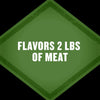 A green diamond shaped graphic for Mccormick Grill Mates Buttermilk Dill Pickle Seasoning Mix 1.0 Oz stating that it flavors 2 lbs of meat