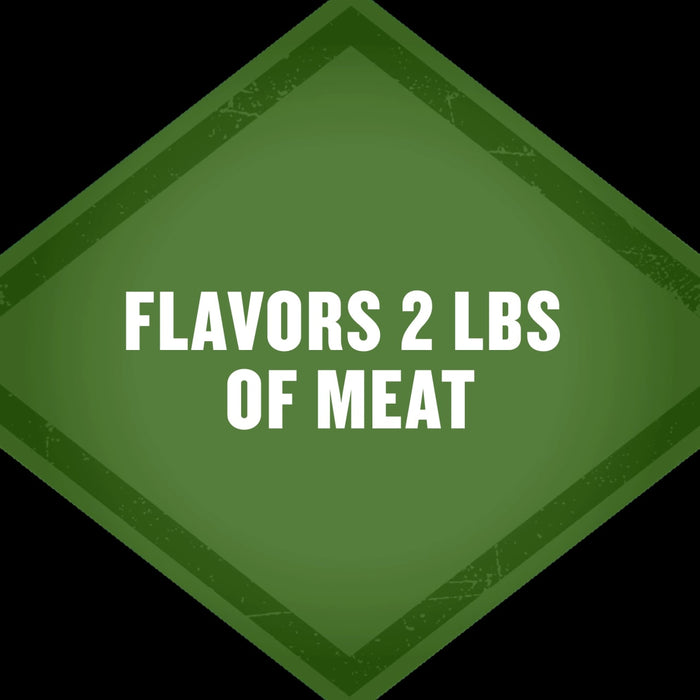 A green diamond shaped graphic for Mccormick Grill Mates Buttermilk Dill Pickle Seasoning Mix 1.0 Oz stating that it flavors 2 lbs of meat