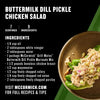 This recipe infographic for Buttermilk Dill Pickle Chicken Salad features a list of ingredients including a package of Mccormick Grill Mates Buttermilk Dill Pickle Seasoning Mix, 1.0 Oz alongside a photo of the finished salad served on a lettuce leaf.