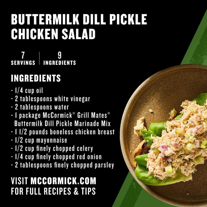 This recipe infographic for Buttermilk Dill Pickle Chicken Salad features a list of ingredients including a package of Mccormick Grill Mates Buttermilk Dill Pickle Seasoning Mix, 1.0 Oz alongside a photo of the finished salad served on a lettuce leaf.