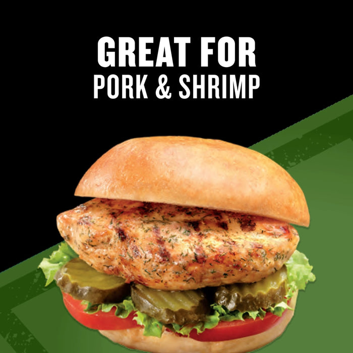 A grilled chicken sandwich topped with pickles and tomatoes illustrates that Mccormick Grill Mates Buttermilk Dill Pickle Seasoning Mix 1.0 Oz is also great for pork and shrimp.