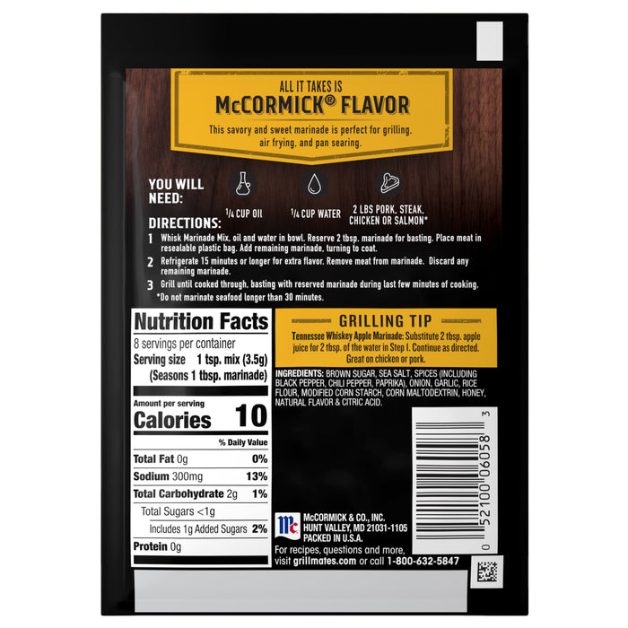 The back of a packet of Mccormick Grill Mates Tennessee Style Whiskey Honey, 1.0 Oz, detailing the nutrition facts, ingredients, and cooking directions for the marinade.