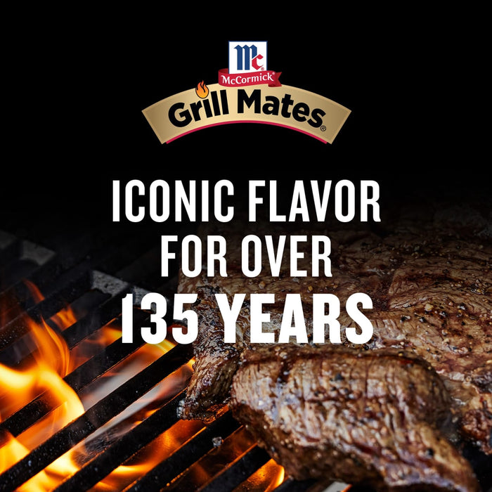 An advertisement for Mccormick Grill Mates Tennessee Style Whiskey Honey Marinade Seasoning Mix 1.0 Oz featuring the McCormick Grill Mates logo above a steak grilling over an open flame with the text Iconic Flavor For Over 135 Years.
