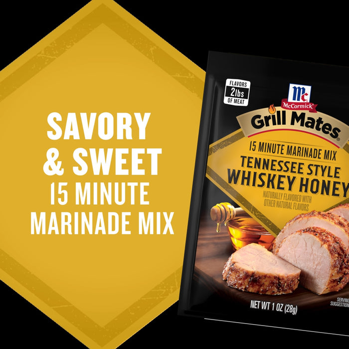 A promotional graphic highlights the savory and sweet flavor profile of Mccormick Grill Mates Tennessee Style Whiskey Honey Marinade Seasoning Mix, 1.0 Oz, which can flavor up to 2 lbs of meat in just 15 minutes.