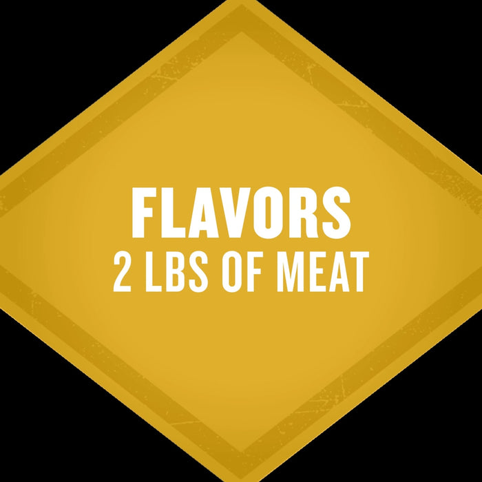 A yellow diamond graphic for Mccormick Grill Mates Tennessee Style Whiskey Honey Marinade Seasoning Mix 1.0 Oz stating that it flavors 2 lbs of meat.