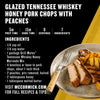 An infographic for Glazed Tennessee Whiskey Honey Pork Chops with Peaches featuring a package of Mccormick Grill Mates Tennessee Style Whiskey Honey Marinade Seasoning Mix 1.0 Oz as a key ingredient.