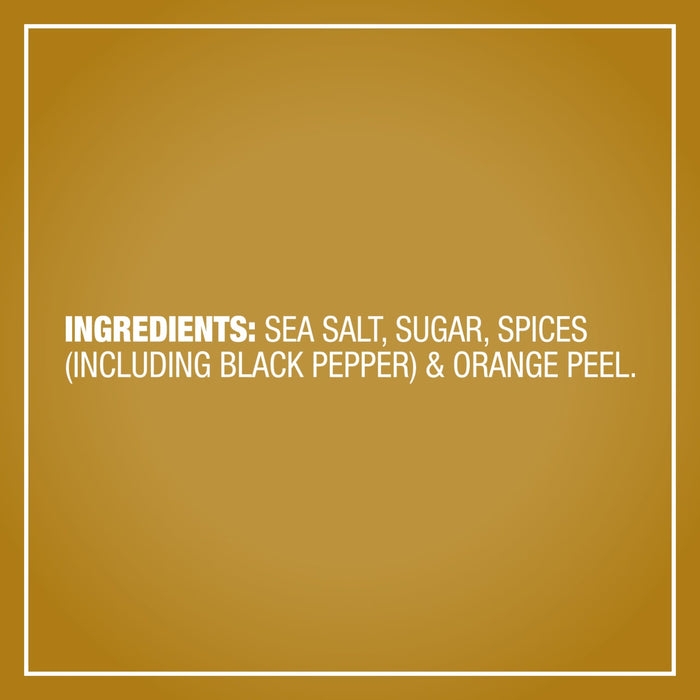 A graphic displays the ingredient list for Mccormick Turkey Dry Brine Rub, 12.2 Oz which includes sea salt, sugar, spices including black pepper, and orange peel against a gold background.
