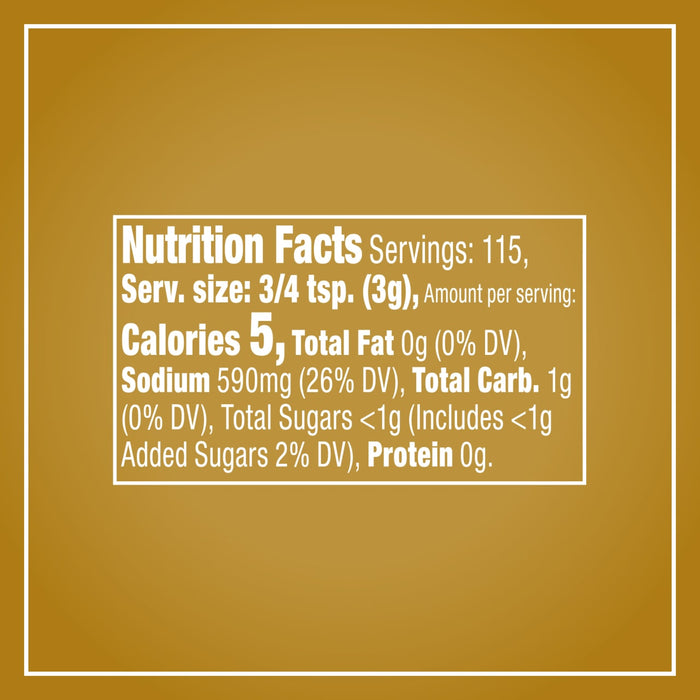 A nutrition facts label for Mccormick Turkey Dry Brine Rub 12.2 Oz showing five calories and five hundred ninety milligrams of sodium per three quarter teaspoon serving.