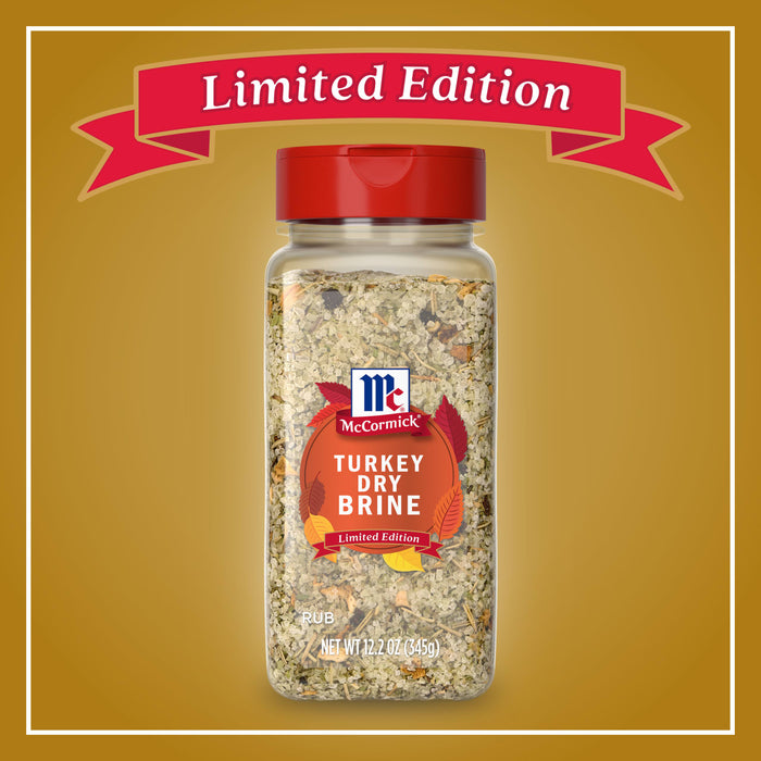 A bottle of Mccormick Turkey Dry Brine Rub, 12.2 Oz is displayed against a golden background with a red Limited Edition banner at the top.