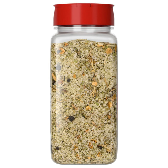 A clear plastic bottle of Mccormick, 12.2 Oz seasoning blend featuring coarse sea salt mixed with dried herbs and spices under a red flip-top lid.