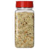 A clear plastic bottle of Mccormick, 12.2 Oz seasoning salt featuring a blend of coarse salt crystals and dried herbs under a red flip top lid.