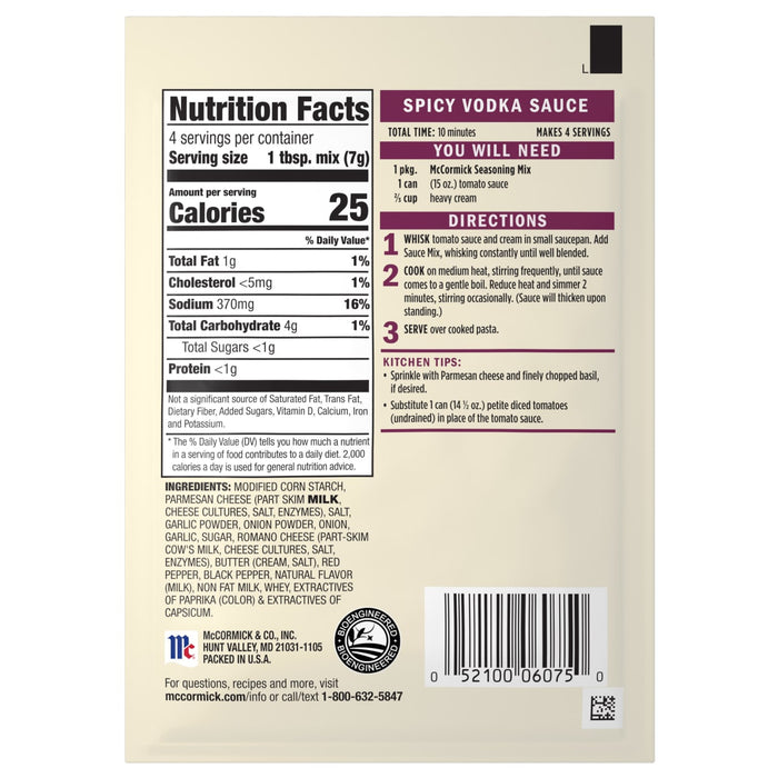 The back of a Mccormick, 1.0 Oz packet of Spicy Vodka Sauce mix, displaying the nutrition facts, ingredients, and cooking instructions.