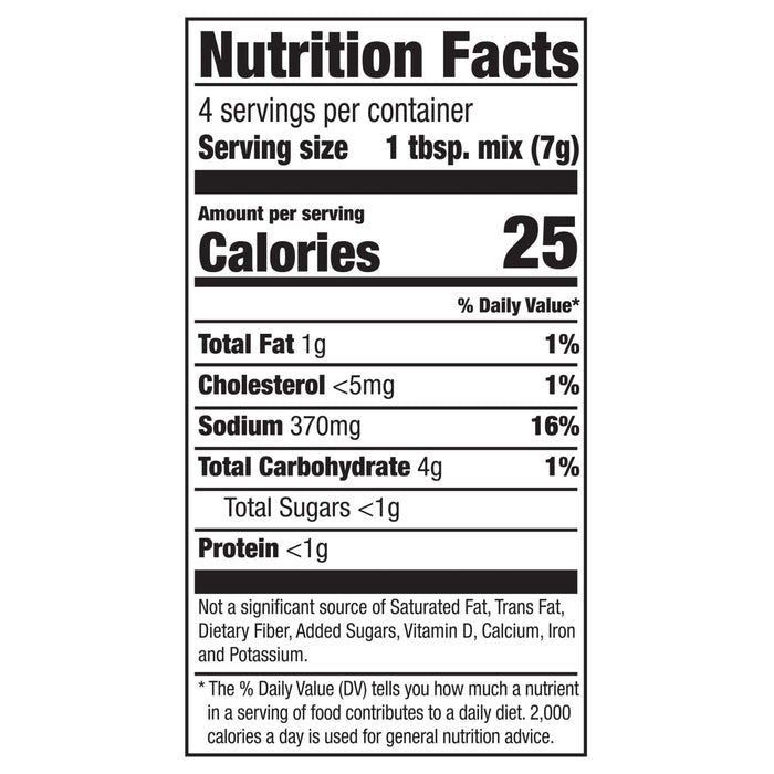 The Nutrition Facts label for the Mccormick, 1.0 Oz product, listing 25 calories, 1g of total fat, and 370mg of sodium per 1 tablespoon serving.