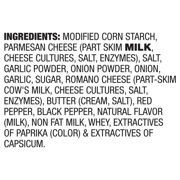 The ingredients label for the Mccormick, 1.0 Oz product, listing ingredients such as modified corn starch, parmesan cheese, and various spices.