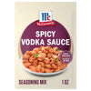 A front-facing view of a packet of Mccormick Spicy Vodka Sauce Seasoning Mix, 1.0 Oz, featuring a bowl of pasta with the finished sauce.
