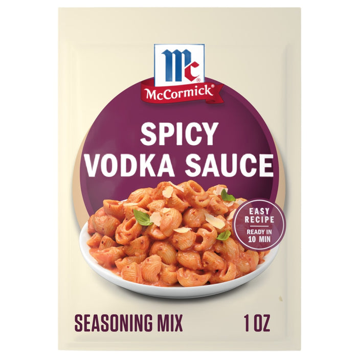 A front-facing view of a packet of Mccormick Spicy Vodka Sauce Seasoning Mix, 1.0 Oz, featuring a bowl of pasta with the finished sauce.