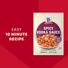 A packet of Mccormick Spicy Vodka Sauce Seasoning Mix, 1.0 Oz, is shown against a red background that says Easy 10 Minute Recipe, with a serving suggestion of the prepared pasta on the front.
