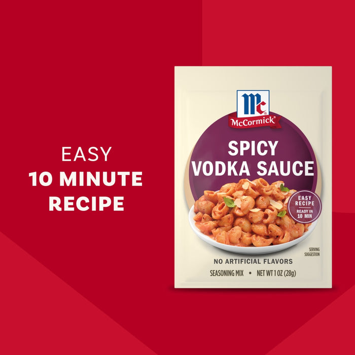 A packet of Mccormick Spicy Vodka Sauce Seasoning Mix, 1.0 Oz, is shown against a red background that says Easy 10 Minute Recipe, with a serving suggestion of the prepared pasta on the front.