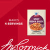 A packet of Mccormick Spicy Vodka Sauce Seasoning Mix, 1.0 Oz, is displayed on a red background with text that reads Makes 4 Servings and a serving suggestion of pasta with the sauce.