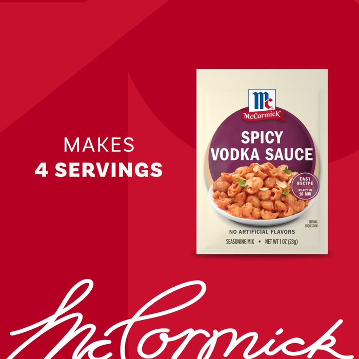 A packet of Mccormick Spicy Vodka Sauce Seasoning Mix, 1.0 Oz, is displayed on a red background with text that reads Makes 4 Servings and a serving suggestion of pasta with the sauce.