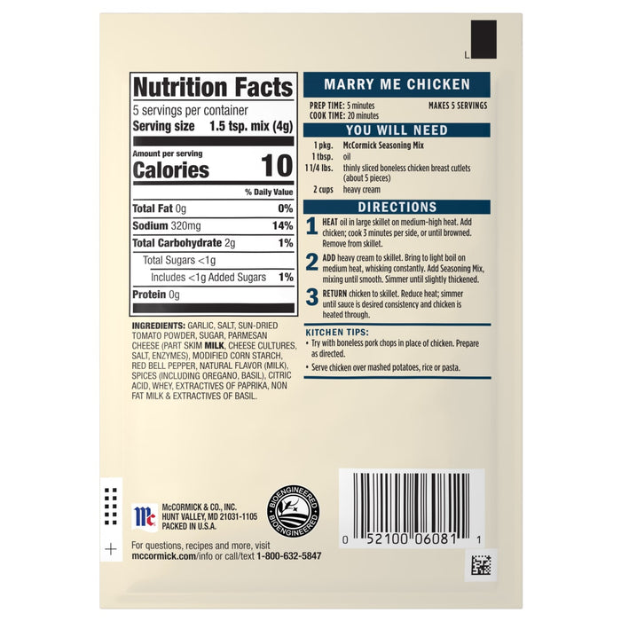 The back of a Mccormick, 0.75 Oz package of Marry Me Chicken Seasoning Mix, showing the nutrition facts, ingredients, and cooking directions.