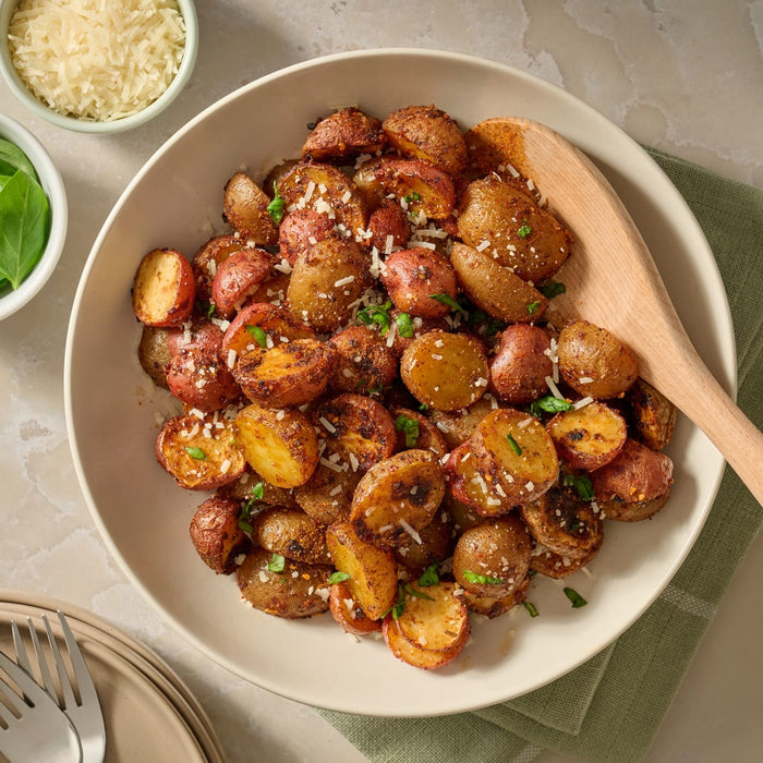 A delicious-looking bowl of roasted red potatoes, garnished with parmesan cheese and fresh herbs, is prepared using Mccormick Marry Me Chicken Seasoning Mix, 0.75 Oz.