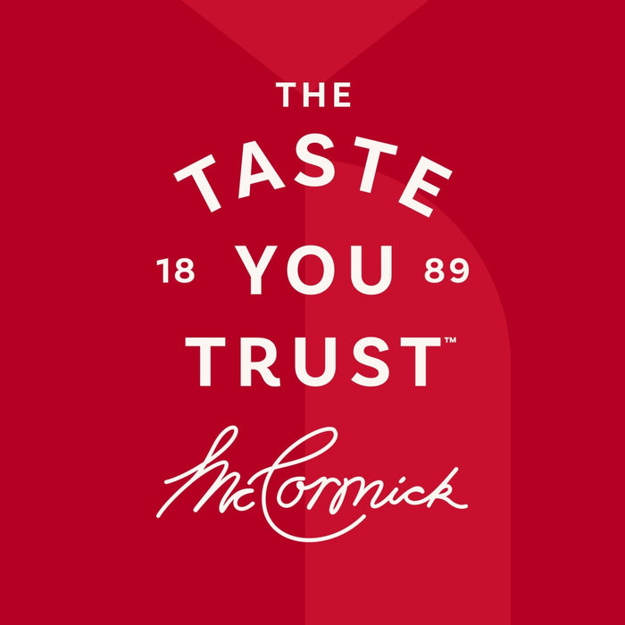 A brand advertisement for McCormick on a red background, featuring the slogan The Taste You Trust and the founding year 1889, representing the quality of products like the Mccormick Chicken Tikka Masala Seasoning Mix, 0.87 Oz.