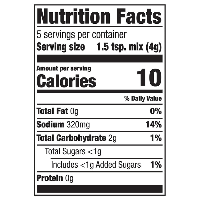 The nutrition facts label for Mccormick Chicken Tikka Masala Seasoning Mix, 0.87 Oz, indicating that one serving of 1.5 teaspoons contains 10 calories.
