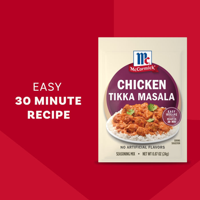 A packet of Mccormick Chicken Tikka Masala Seasoning Mix, 0.87 Oz, is displayed against a red background next to a serving suggestion of the finished dish over rice.