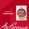 A packet of Mccormick Chicken Tikka Masala Seasoning Mix, 0.87 Oz is shown against a red background, with text indicating it makes 6 servings.