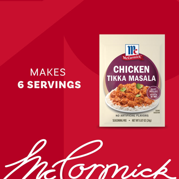 A packet of Mccormick Chicken Tikka Masala Seasoning Mix, 0.87 Oz is shown against a red background, with text indicating it makes 6 servings.