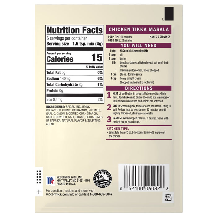 The back of a McCormick Chicken Tikka Masala Seasoning Mix packet displays the nutrition facts, ingredients, and easy-to-follow cooking directions.