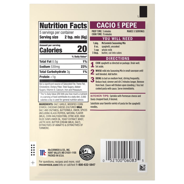 Nutritional information and cooking instructions are displayed on the back of a Mccormick, 1.12 Oz Cacio e Pepe Seasoning Mix packet.