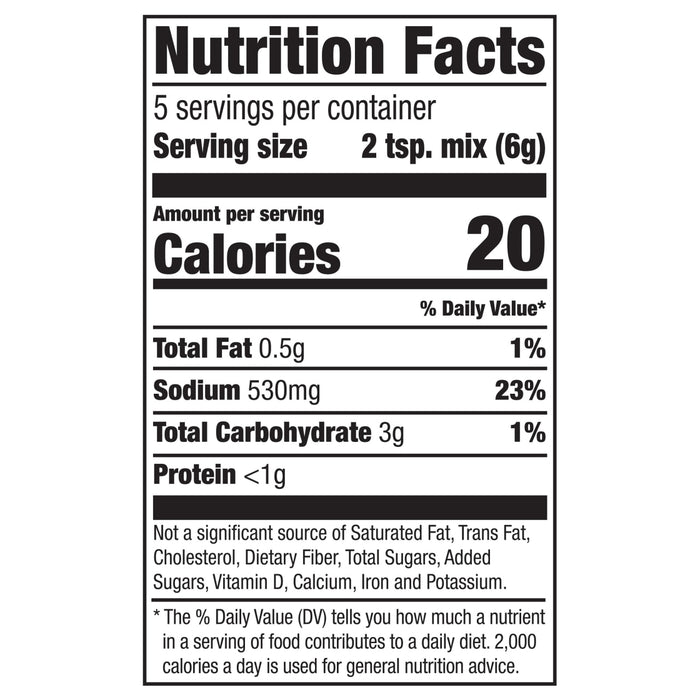 The Nutrition Facts label for a serving of Mccormick, 1.12 Oz, indicates it contains 20 calories, 530mg of sodium, and 3g of total carbohydrates.