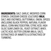 The ingredients list for the Mccormick, 1.12 Oz product is shown in black text on a white background, detailing components like salt, garlic, and cheddar cheese.